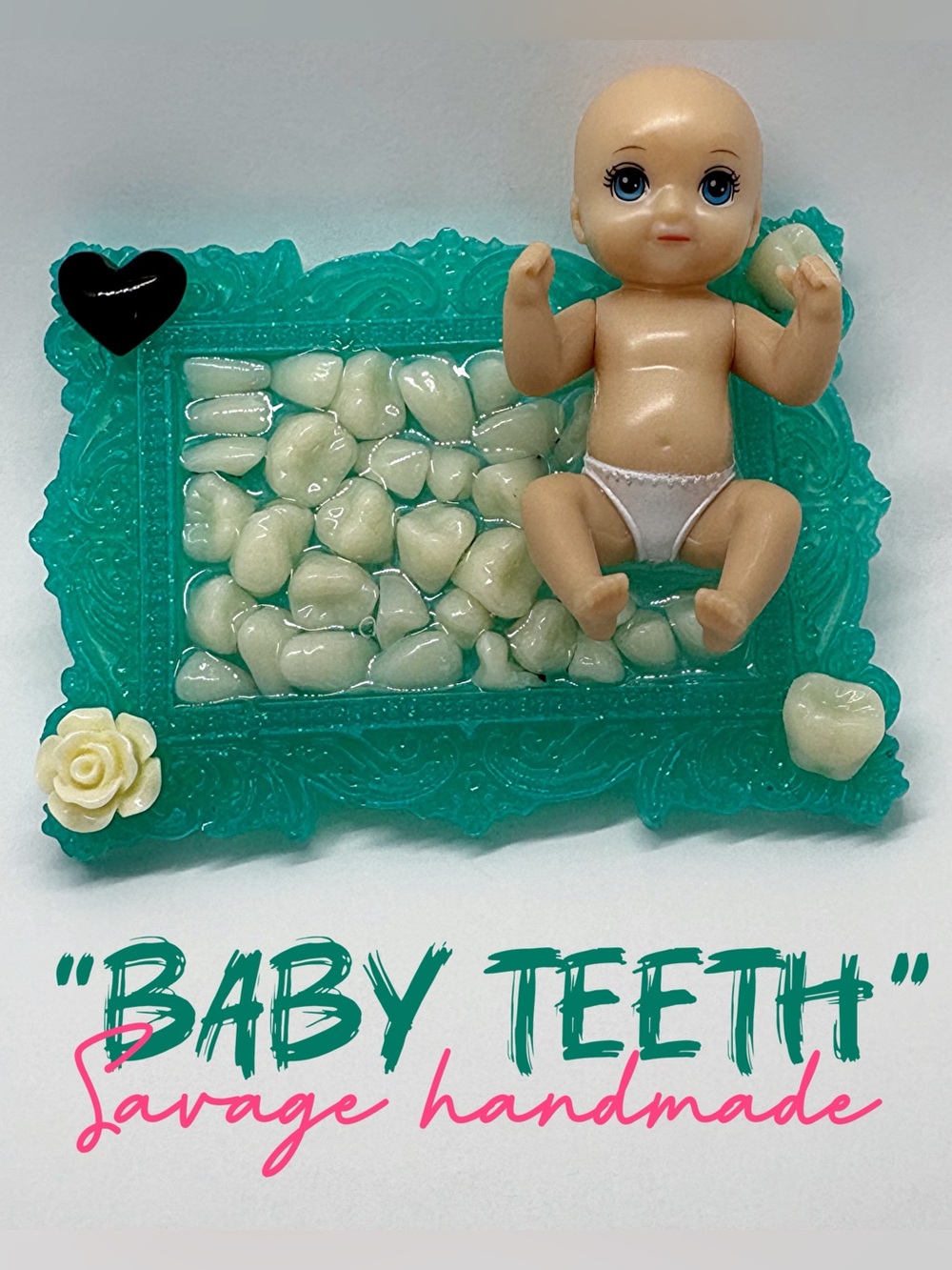Handmade “Baby Teeth” Resin Mini Framed Mixed Media Weird Wall Art or Magnet